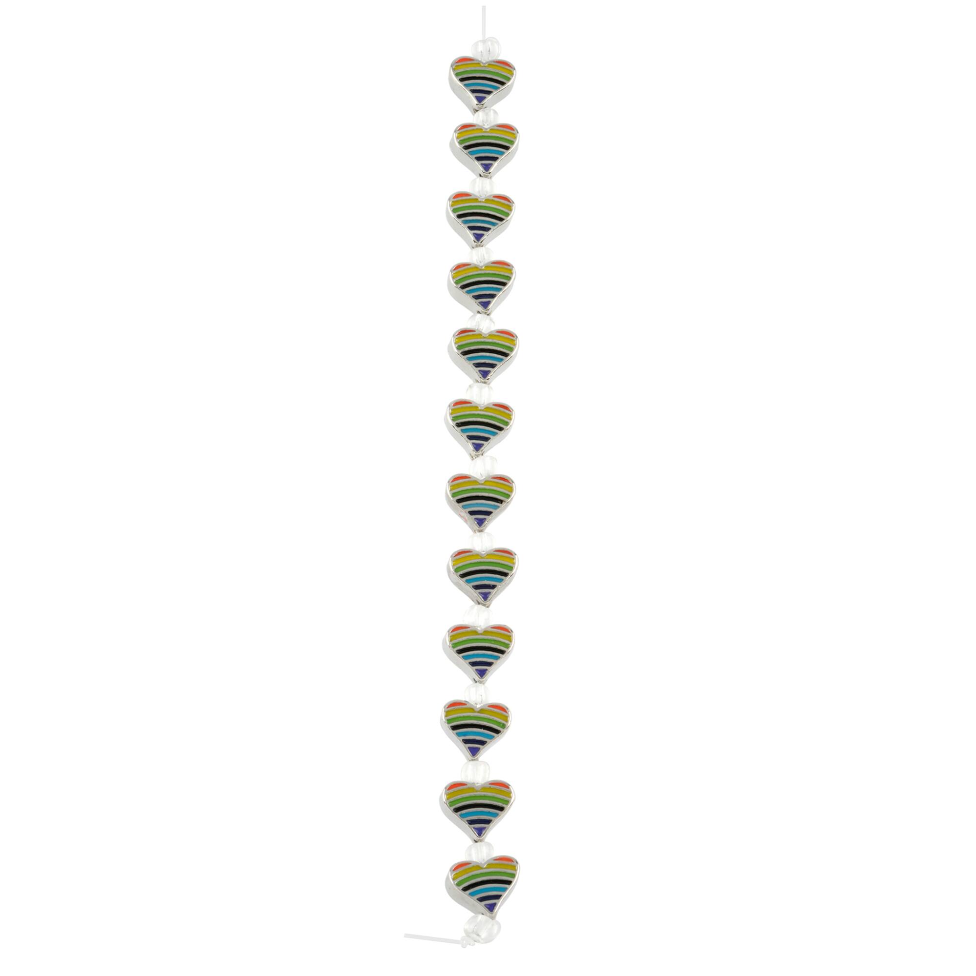 Rainbow Stripe & Rhodium Heart Beads, 9mm by Bead Landing™